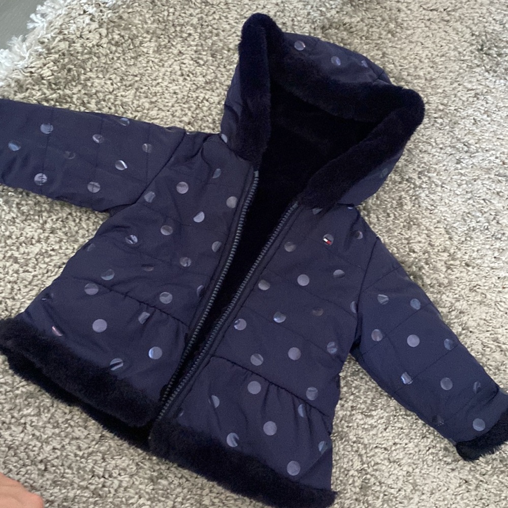 Tommy Hilfiger reversible faux fur navy blue jacket for a baby girl
